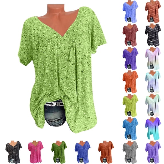NominalSnug Plus Size Tops for Womens Short Sleeve Blouses V-Neck Print Pullover