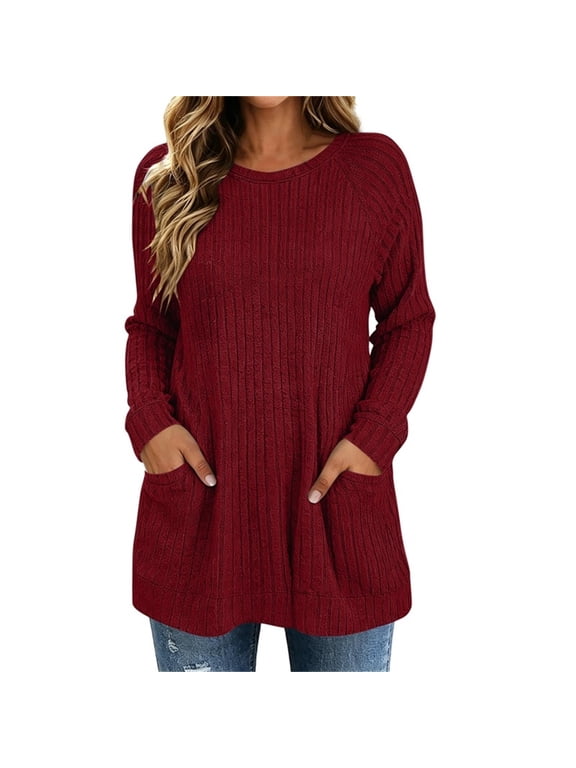 Ribbed Knit Long Sleeve Tunic Tops for Women Loose Fit Tunic Sweaters to Wear with Leggings Long Shirts With Pockets