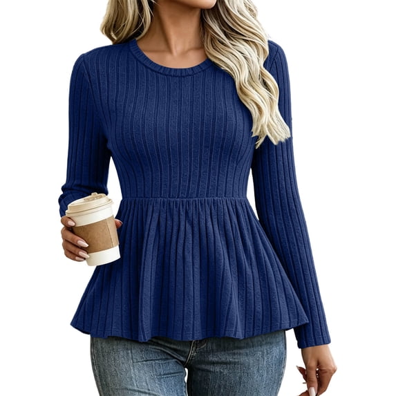 NominalSnug Ribbed Knit Tops for Womens Long Sleeve Blouse Crew Neck Peplum Loose Fit Casual Fall Shirts