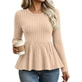 thumbnail image 1 of NominalSnug Ribbed Knit Tops for Womens Long Sleeve Blouse Crew Neck Peplum Loose Fit Casual Fall Shirts, 1 of 7