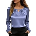 thumbnail image 1 of NominalSnug Satin Blouses for Women Dressy Casual Long Sleeve Shirts Crewneck Keyhole Work Tops, 1 of 8