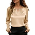 thumbnail image 1 of NominalSnug Satin Blouses for Women Dressy Casual Long Sleeve Shirts Crewneck Keyhole Work Tops, 1 of 8