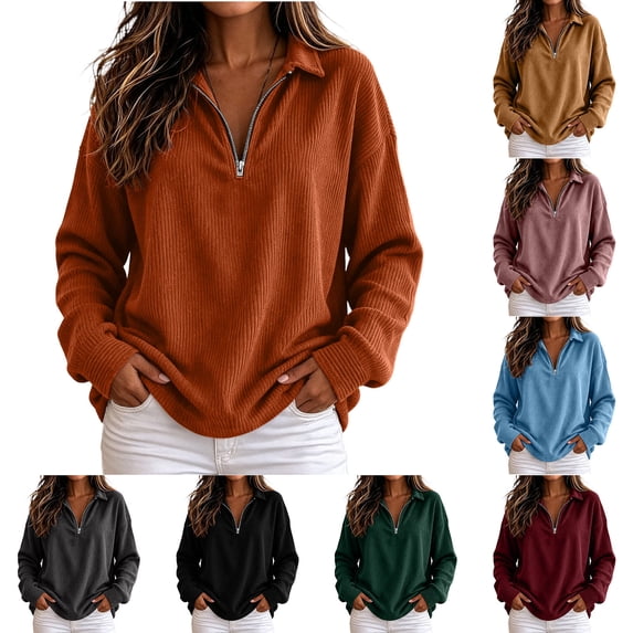 NominalSnug Sweatshirts for Women Half Zip Long Sleeve Shirts Collared Ribbed Knit Pullover Tops 2026