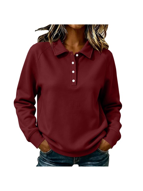 Women's Collared Sweatshirt Button Down Lightfleece Lined Loose Fit Long Sleeve Casual Pullover