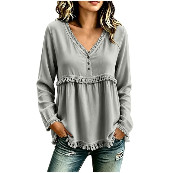 NominalSnug Tassel Tops for Women Fall Winter Long Sleeve Shirts V Neck Babydoll Loose Fit Blouses