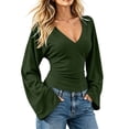 thumbnail image 1 of NominalSnug Tops for Womens Long Sleeve Blouse V Neck Waist Ruched Bell Sleeve Loose Fit Casual Fall Shirts, 1 of 8