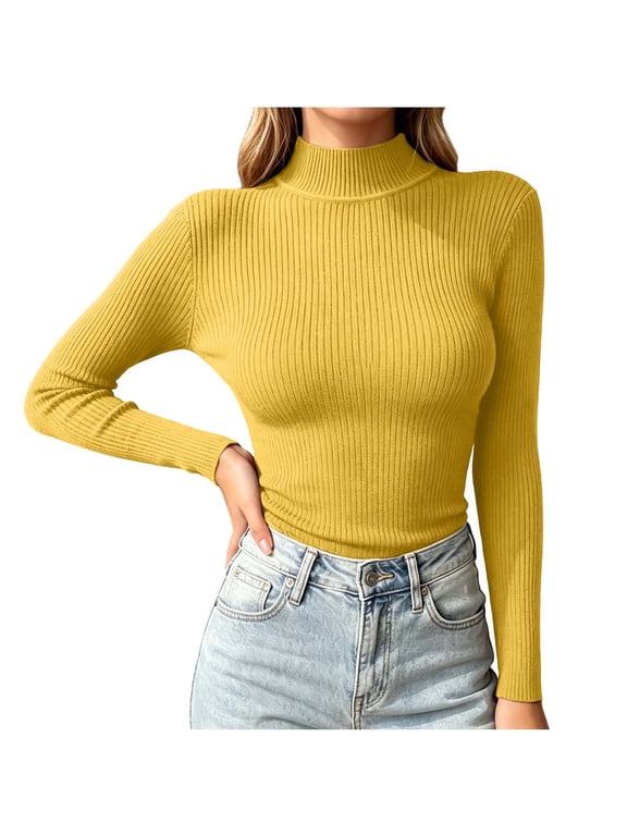 Turtleneck Tops for Women Fall Winter Long Sleeve Shirts Ribbed Knit Sweaters Stretchy Slim Fitted Base Layer Top