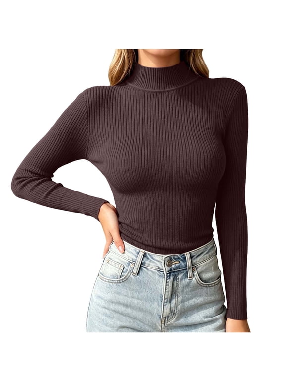 Turtleneck Tops for Women Fall Winter Long Sleeve Shirts Ribbed Knit Sweaters Stretchy Slim Fitted Base Layer Top