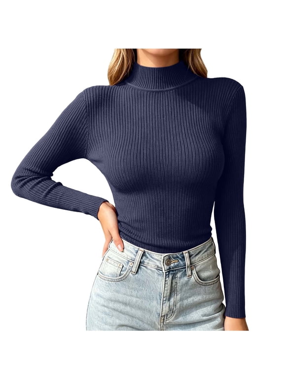 Snug Turtleneck Tops for Women Fall Winter Long Sleeve Shirts Ribbed Knit Sweaters Stretchy Slim Fitted Base Layer Top