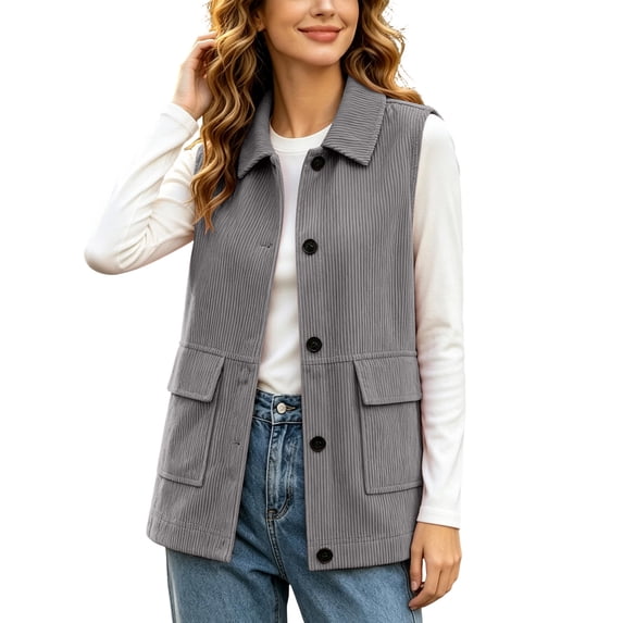NominalSnug Women Corduroy Sleeveless Vest Collared Button Down Casual Outerwear With Flap Pockets
