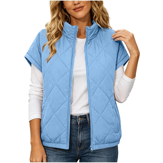 NominalSnug Women Short Sleeve Quilted Vest Stand Collar Zip Up Lightweight Padded Outerwear With Side Pockets