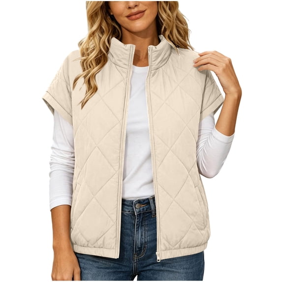 NominalSnug Women Short Sleeve Quilted Vest Stand Collar Zip Up Lightweight Padded Outerwear With Side Pockets