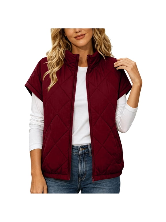 Women Short Sleeve Quilted Vest Stand Collar Zip Up Lightweight Padded Outerwear With Side Pockets