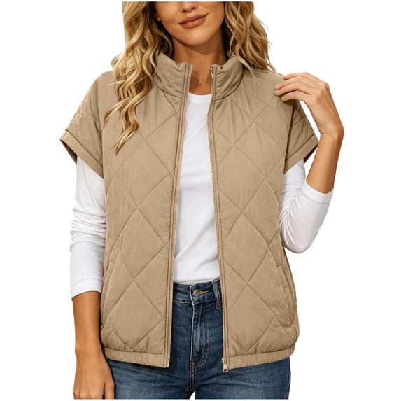 NominalSnug Women Short Sleeve Quilted Vest Stand Collar Zip Up Lightweight Padded Outerwear With Side Pockets