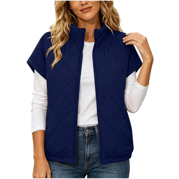 NominalSnug Women Short Sleeve Quilted Vest Stand Collar Zip Up Lightweight Padded Outerwear With Side Pockets
