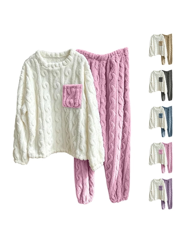 Women's Fuzzy Fleece Pajamas Set Flannel Winter Warm Fuzzy Sherpa Pjs Long Sleeve Cozy Sleepwear for Women