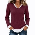 thumbnail image 1 of NominalSnug Women's Long Seleve Top Fake Two Piece Ribbed Knit Sweaters V-Neck Slim Fit Fall Winter Layered Shirt, 1 of 7