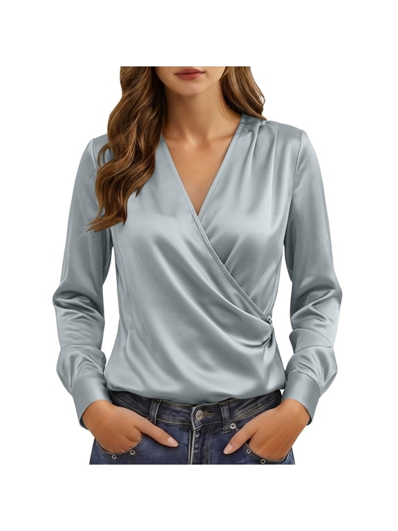Women's Long Sleeve Satin Blouses Wrap V Neck Top Elegant Ruched Business Work Shirt