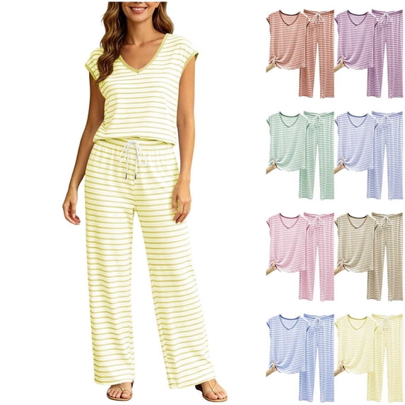 NominalSnug Women's Pajamas Sets Striped Short-Sleeve Top Wide Leg Pants with Pockets Loungewear Pjs Set
