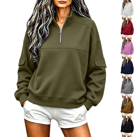 NominalSnug Women's Sweatshirt Casual Long Sleeve Shirts Half Zip Pullover Tops Drawstring Lapel Collar Sweatshirts with Pocket