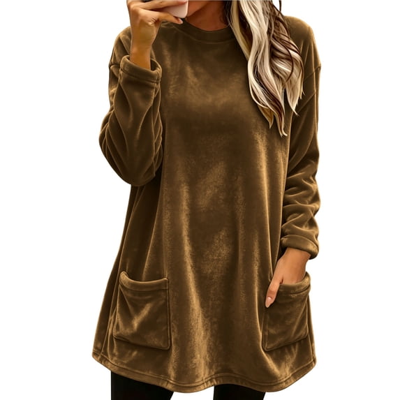 NominalSnug Women's Velvet Long Sleeve Tunic Top Casual Crew Neck Loose‑Fit Shirt With Front Pockets