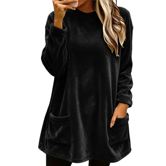 NominalSnug Women's Velvet Long Sleeve Tunic Top Casual Crew Neck Loose‑Fit Shirt With Front Pockets