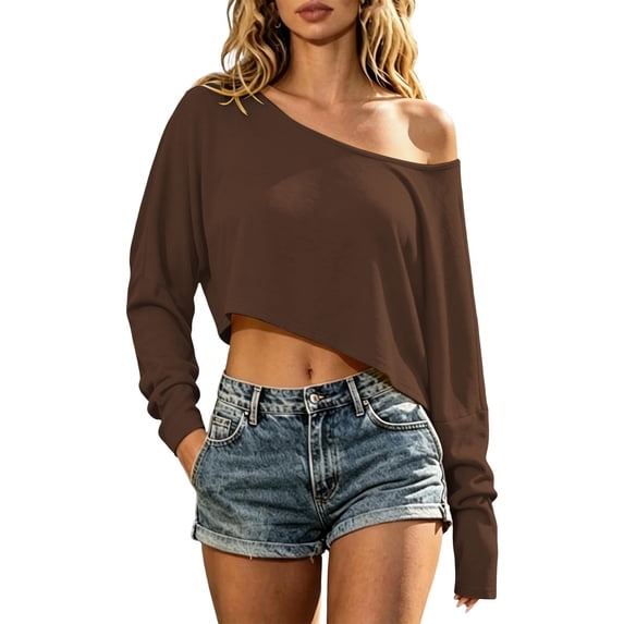 NominalSnug Women's off Shoulder Long Sleeve Crop Top Loose Workout T Shirt Asymmetrical Hem Gym Yoga Tees