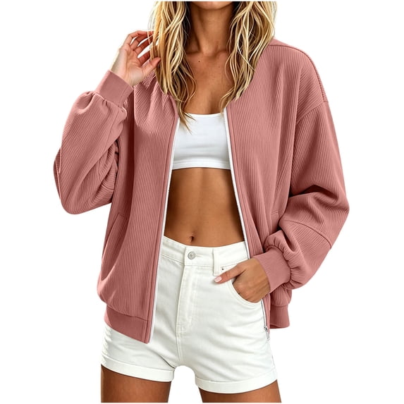 NominalSnug Womens Corduroy Jacket Casual Lightweight Zip up Jacket with Pockets Stand Collar Long Sleeve Soft Trendy Outerwear Coat
