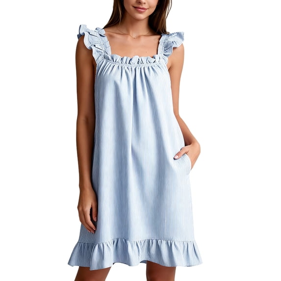 NominalSnug Womens Cotton Nightgown Square Neck Ruffle Strap Sleeveless Midi Sleep Dress With Pockets Loungewear