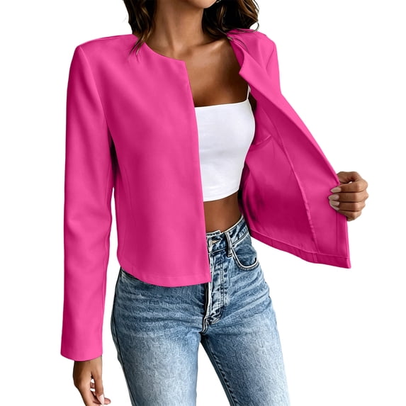 NominalSnug Womens Cropped Blazer Long Sleeve Collarless Casual Jacket Open Front Casual Work Office Cardigan Suit Jacket