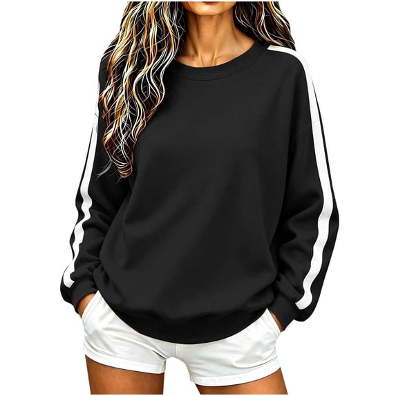 NominalSnug Womens Fleece Lined Crew Neck Sweatshirts Long Sleeve Stripe Pullover Tops Loose Fit Fall Outfits