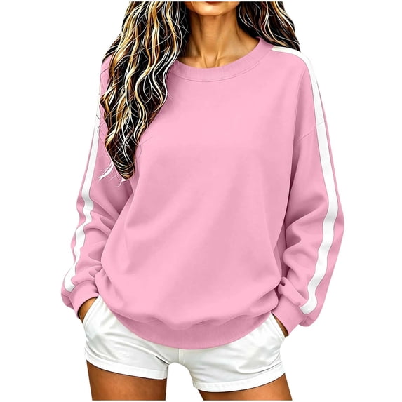 NominalSnug Womens Fleece Lined Crew Neck Sweatshirts Long Sleeve Stripe Pullover Tops Loose Fit Fall Outfits