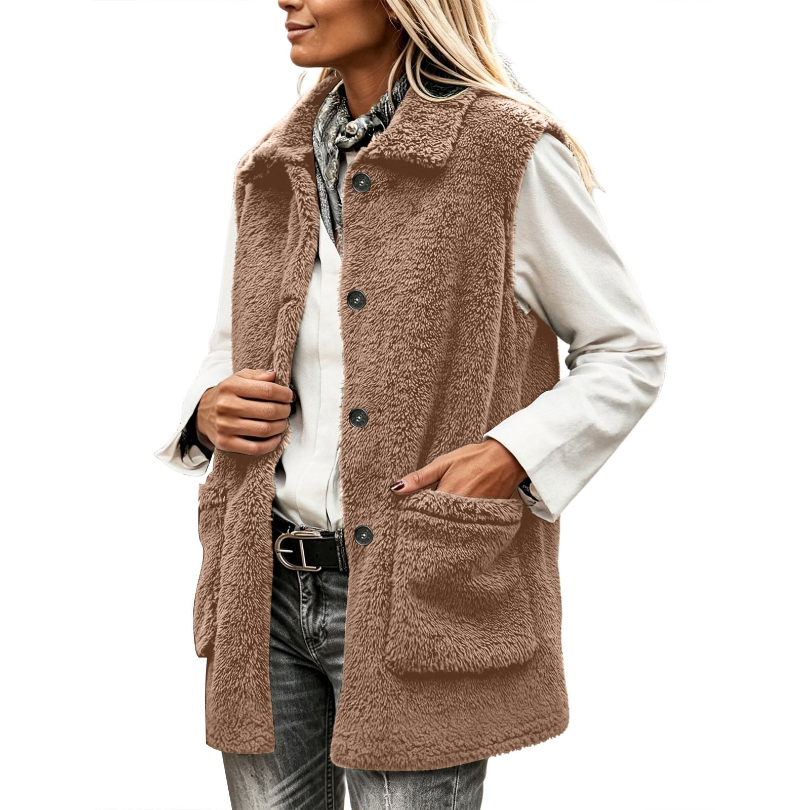 NominalSnug Womens Fuzzy Fleece Vest Lapel Button Down Sleeveless Mid ...