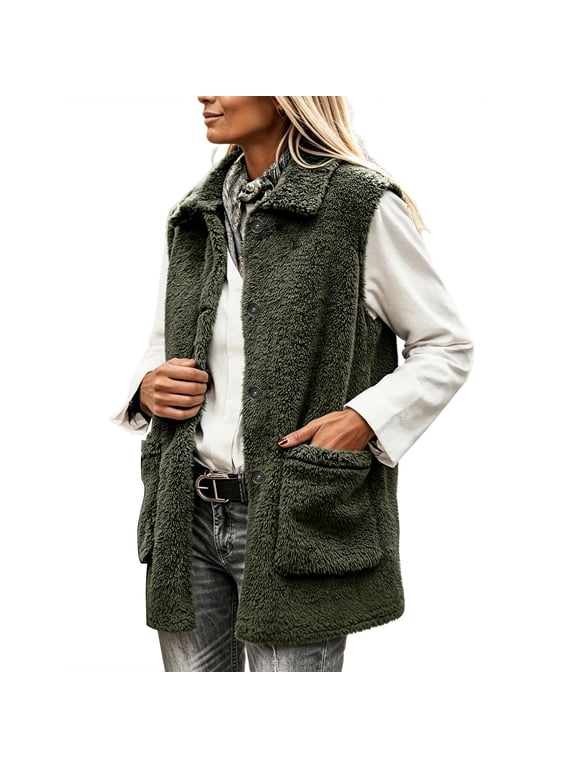 Womens Fuzzy Fleece Vest Lapel Button Down Sleeveless Mid Length Gilet With Patch Pockets Winter Outerwear