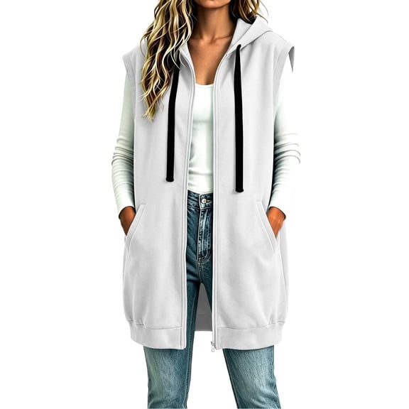 NominalSnug Womens Hooded Long Sleeveless Vest Full Zip Drawstring Hoodie Vest With Side Pockets Fall Casual Outerwear