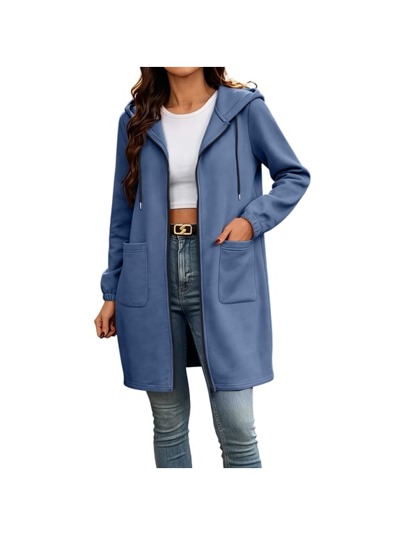 Womens Long Hoodie Zip up Jacket Casual Open Front Tunic Sweatshirt Fleece Lightweight Fall Winter Coat with Pockets