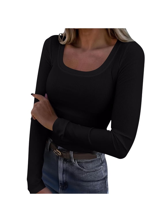 Womens Long Sleeve Shirts Scoop Neck Ribbed Knit Slim Fitted Tops Casual Basic Tees