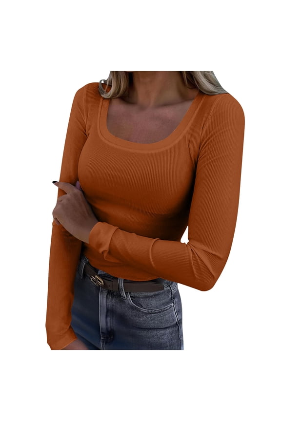 Womens Long Sleeve Shirts Scoop Neck Ribbed Knit Slim Fitted Tops Casual Basic Tees