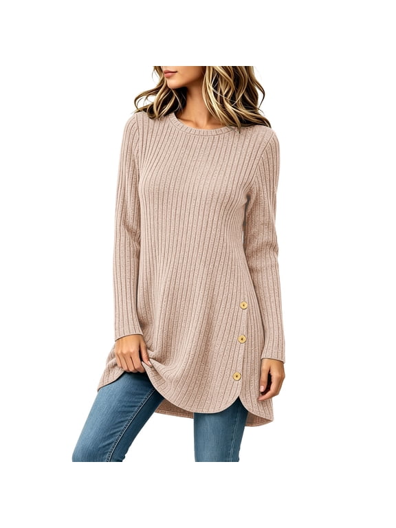 Womens Long Sleeve Tunic Tops Leggings Side Button Pullover Sweaters Crewneck Lightweight Fall Clothes