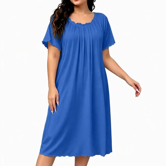 NominalSnug Womens Nightgown Scalloped Neck Short Sleeve Loose Midi Sleep Dress Loungewear