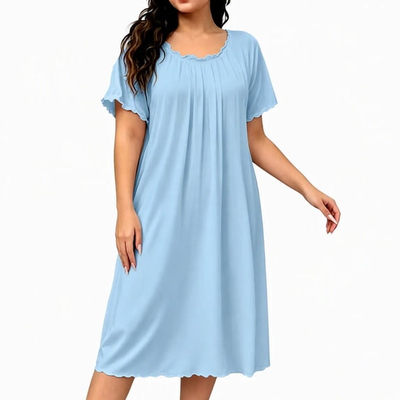 NominalSnug Womens Nightgown Scalloped Neck Short Sleeve Loose Midi Sleep Dress Loungewear