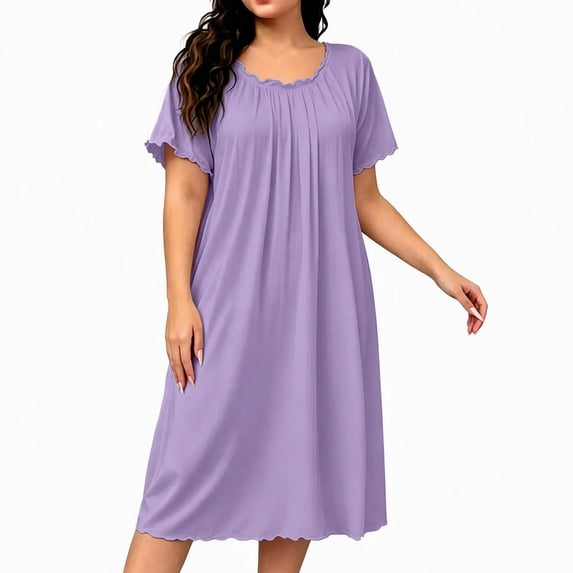 NominalSnug Womens Nightgown Scalloped Neck Short Sleeve Loose Midi Sleep Dress Loungewear