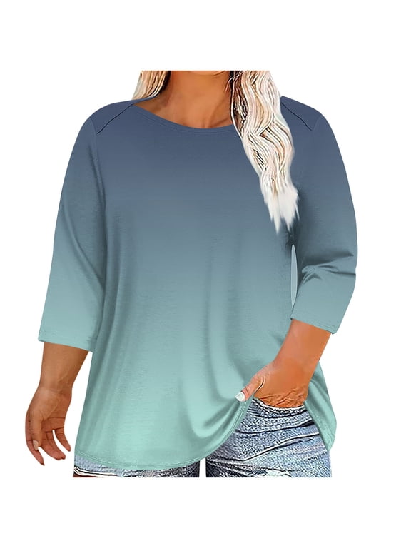 Womens Plus Size 3/4 Length Sleeve Tops Boat Neck Loose Fitted Tee Tunic Blouse L-5XL