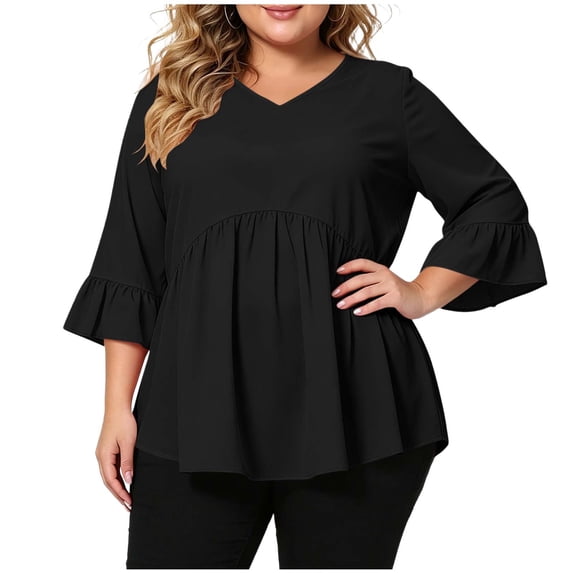 NominalSnug Womens Plus Size Babydoll Tops 3/4 Length Sleeve V Neck T Shirts Casual Loose Fit Blouse