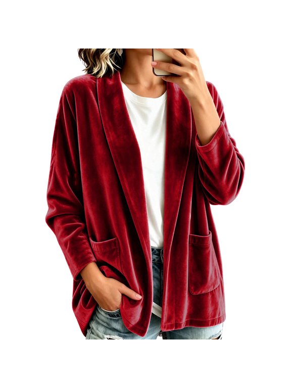 Womens Velour Open Front Cardigan Long Sleeve Shawl Collar Jacket With Pockets Casual Outerwear