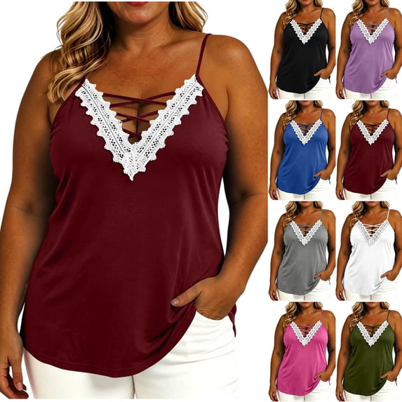 NominalSnug Womens Plus Size Tank Tops Adjustable Spaghetti Strap Camisoles Lace Criss Cross V Neck Tunic Tops Casual Loose Blouse
