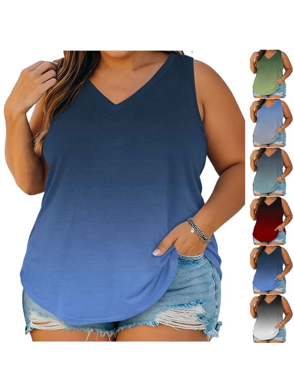 Womens Plus Size Tank Tops Summer Sleeveless Top V Neck Basic T Shirts Solid Color Lightweight Casual Flowy Blouses Tunic Top