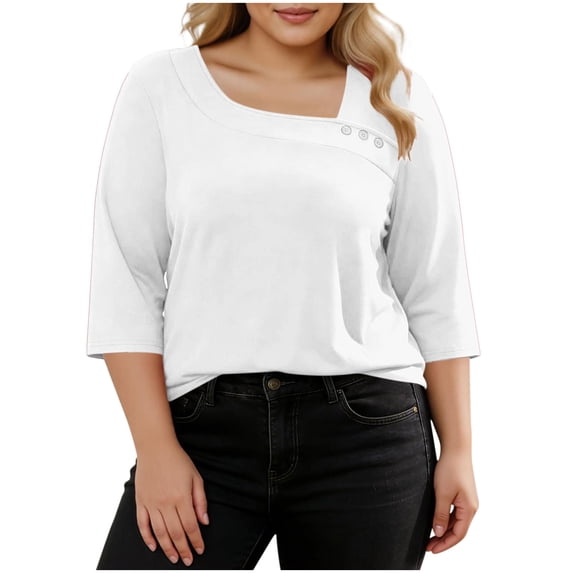 NominalSnug Womens Plus Size Tops 3/4 Length Sleeve T Shirts Asymmetrical Neck Blouses for Women Dressy Casual Fashion Clothes 2026