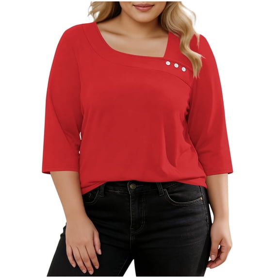 NominalSnug Womens Plus Size Tops 3/4 Length Sleeve T Shirts Asymmetrical Neck Blouses for Women Dressy Casual Fashion Clothes 2026