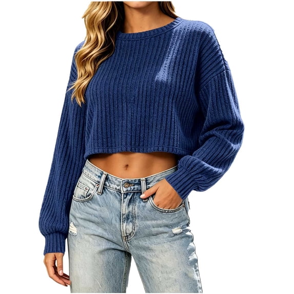 NominalSnug Womens Ribbed Knit Cropped Tops Crewneck Long Sleeve Shirts Loose Fit Casual Pullover Fall Outfits